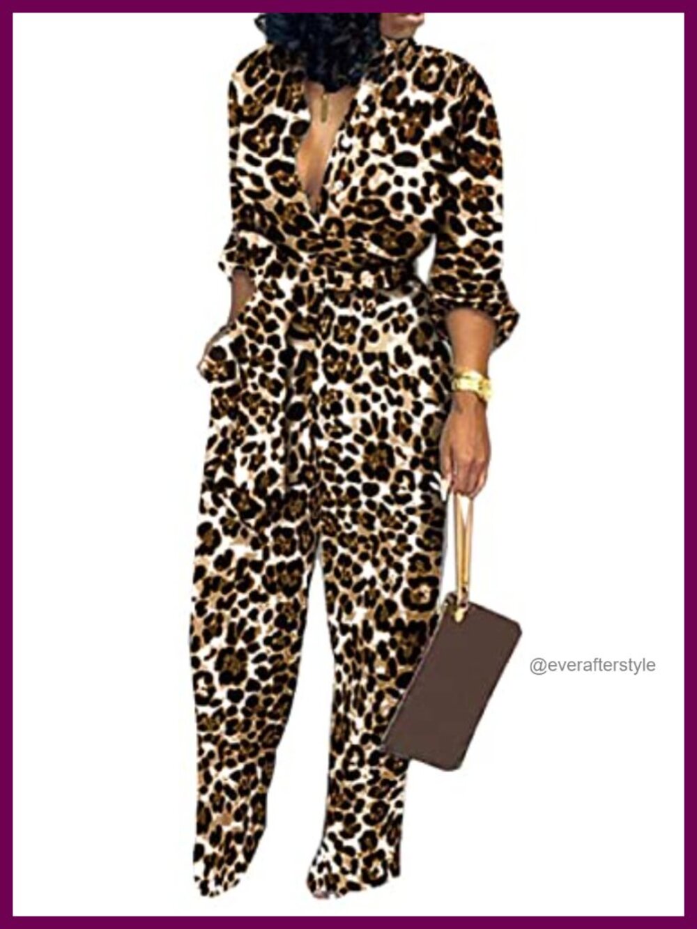 Women's Leopard Print Long Sleeve Formal Jumpsuit with Pockets